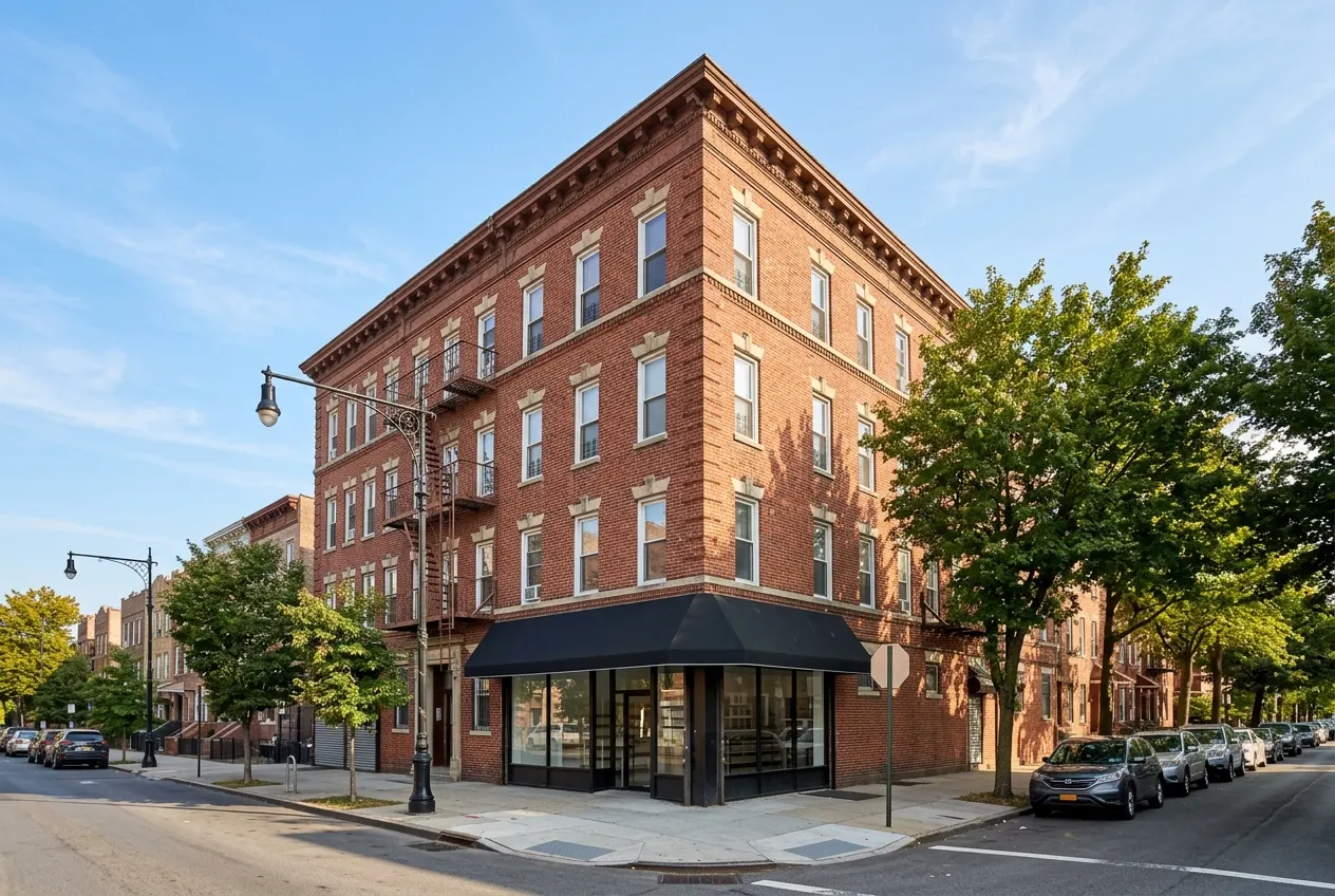 A nice commercial building with three two family apartments and one storefront.
